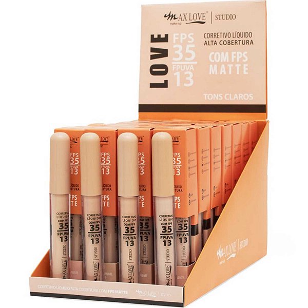 BOX COM 28 UNIDADES CORRETIVO MATTE MAX LOVE FPS 35 — LONGA DURAÇÃO | SORTIDO 100 ao 103