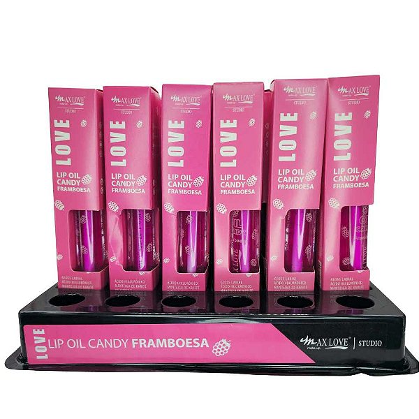 BOX C/ 36 LIP OIL CANDY FRAMBOESA MAX LOVE — HIDRATAÇÃO INTENSA E BRILHO ESPELHADO