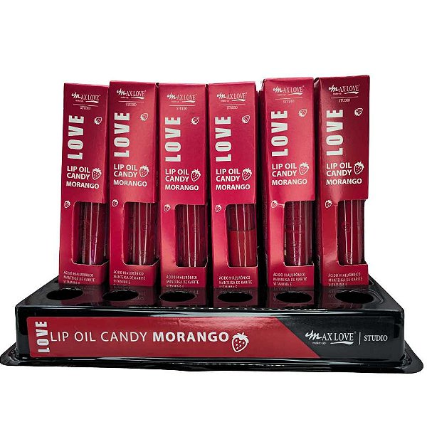 BOX C/ 36 LIP OIL CANDY MORANGO MAX LOVE — HIDRATAÇÃO INTENSA E BRILHO ESPELHADO