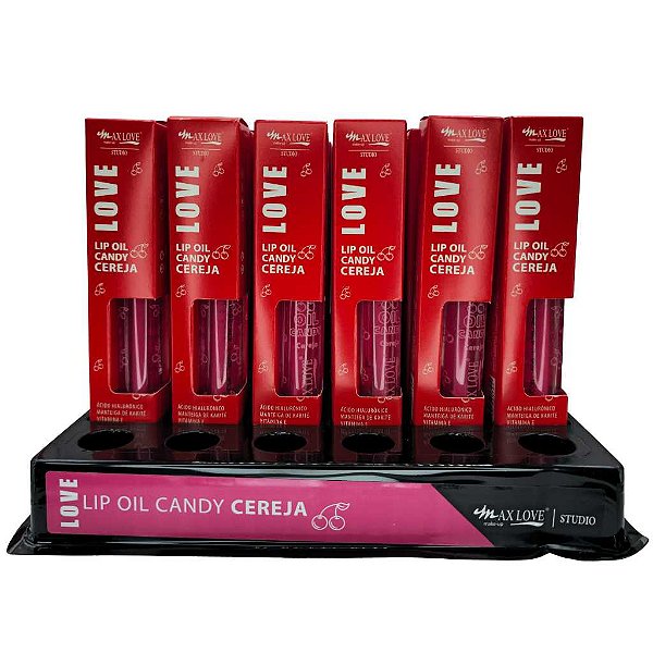 BOX C/ 36 LIP OIL CANDY CEREJA MAX LOVE — HIDRATAÇÃO INTENSA E BRILHO ESPELHADO