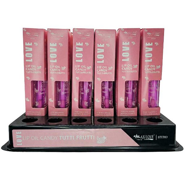 BOX C/ 36 LIP OIL CANDY TUTTI FRUTTI MAX LOVE — HIDRATAÇÃO INTENSA E BRILHO ESPELHADO