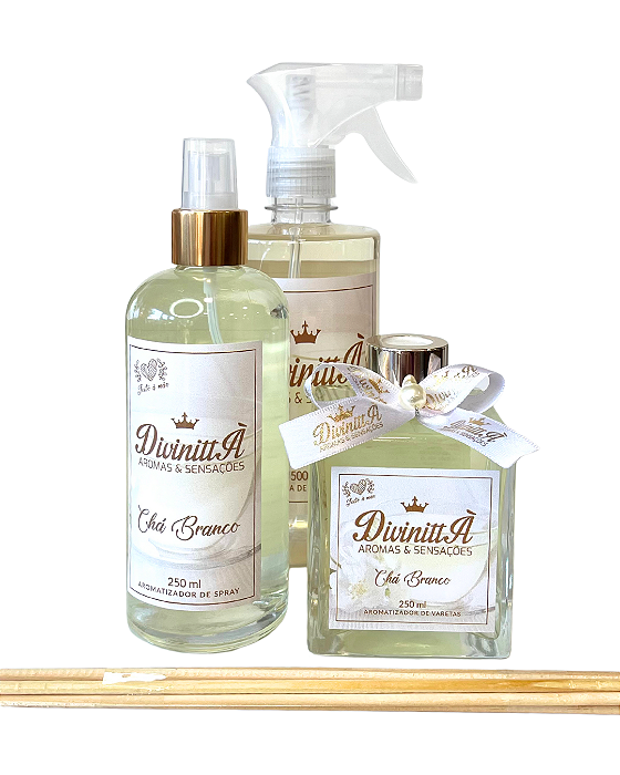 Kit Aromatizador Spray, Água de Lençol e Varetas - Chá Branco