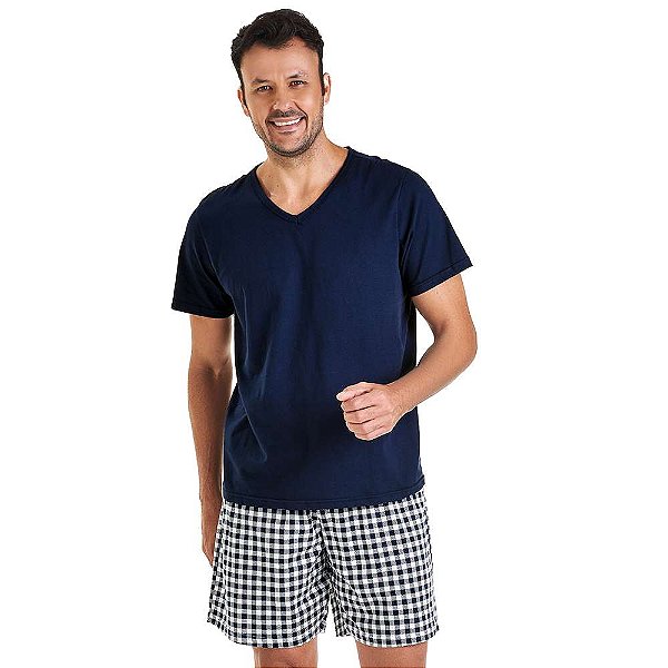 Homens Impressão Xadrez Camiseta & Shorts Conjunto De Pijama