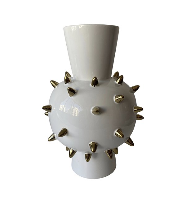 Vaso em cerâmica branco com detalhes em dourado