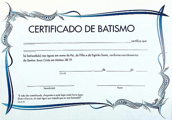 CERTIFICADO DE BATISMO MÉDIO AZUL COM PACTO