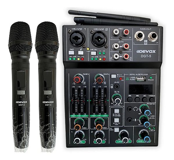 MESA DE SOM DEVOX DGT-5 COM DOIS MICROFONES SEM FIO