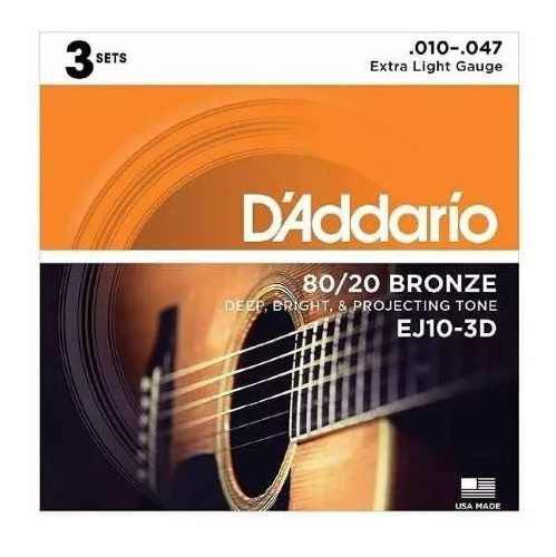 Kit 3 Encordoamento Daddario Violão Aço Cordas Ej10 3d