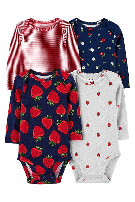 Kit de bodies - 4 bodies manga longa - Morangos/ Flores