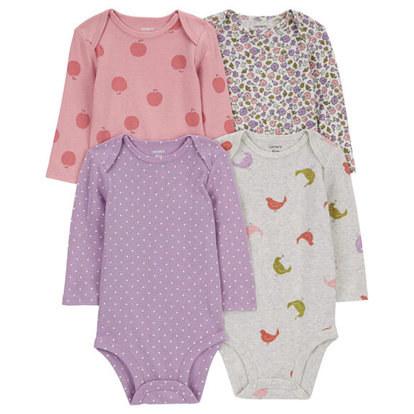 Kit de bodies - 4 bodies manga longa - maçã pássaros poá e floral multicor Carter's