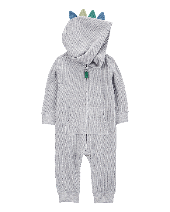Macacão Carter's Malha Canelada Cinza com Capuz Dinossauro