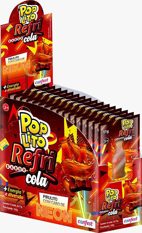 Caixa Pirulito Pop Lito Refri Cola com Cabo De Neon (15 unidades de 11g) - Confest