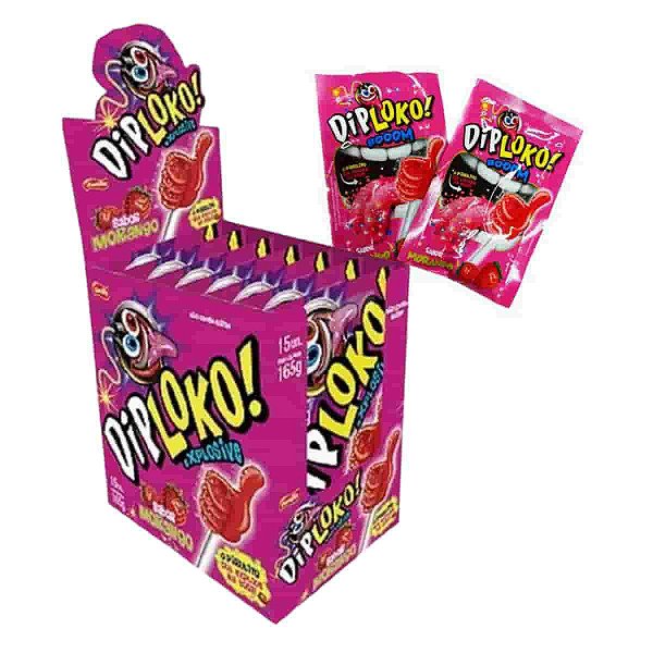 Pirulito DipLoko Boom Morango com 15 unidades