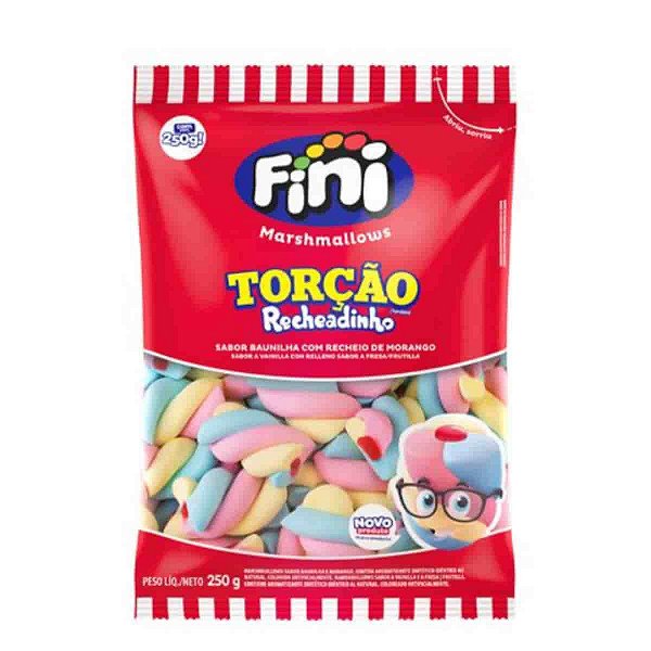 Marshmallows Torção Recheadinho Sabor Baunilha com Recheio de Morango 250g  Fini