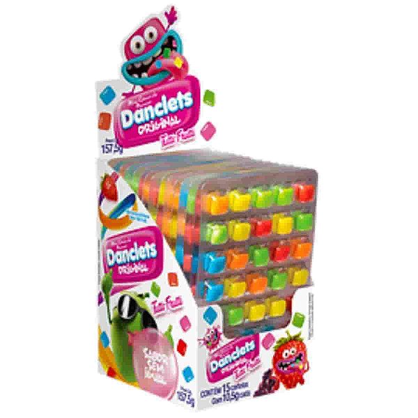 Mini Chicletes Danclets Tutti-Frutti Danilla Foods com 15 cartelas