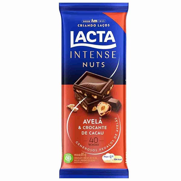 Barra de Chocolate Intense Nuts Avelã e Crocante de Cacau 40% Lacta 85g