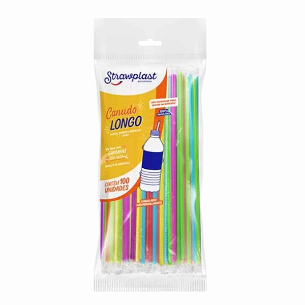 Canudo Longo colorido Strawplast com 100 unidades