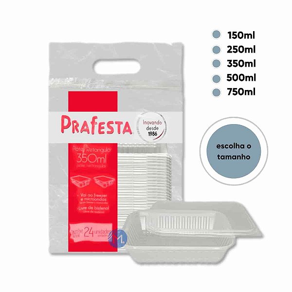 Pote retangular marmita fit descartável plástico microondas freezer com 24 unidades PraFesta