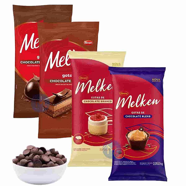 Chocolate Nobre Melken gotas 2kg Harald Ao Leite Blend Meio Amargo Branco