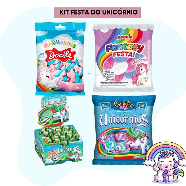 Kit Festa Doces Unicórnio Chiclete Pirulito Bala Sacolinha Surpresa