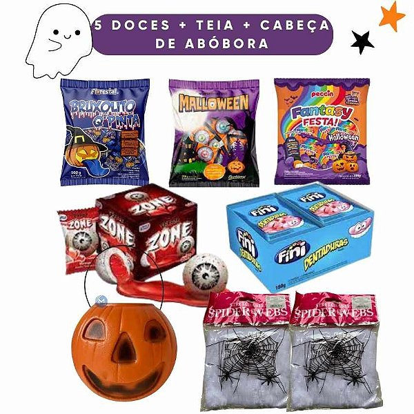Kit 5 Doces Halloween + Teia + Cabeça de abóbora Dia Bruxas