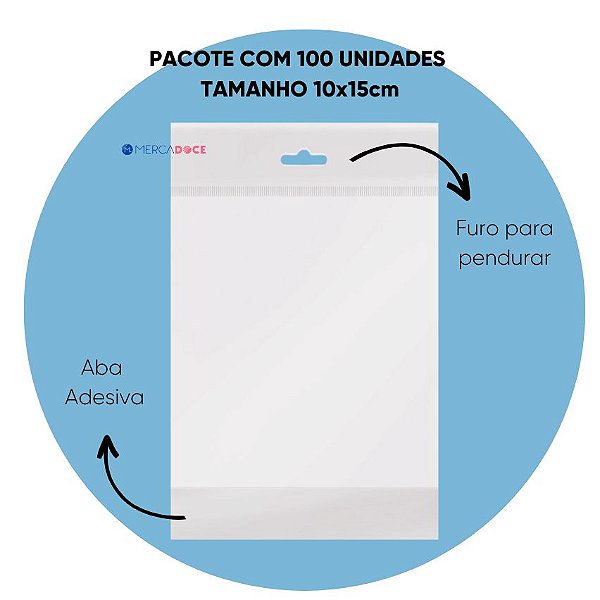 Saco Adesivo Transparente com furo 10x15cm + Aba com 100 unidades