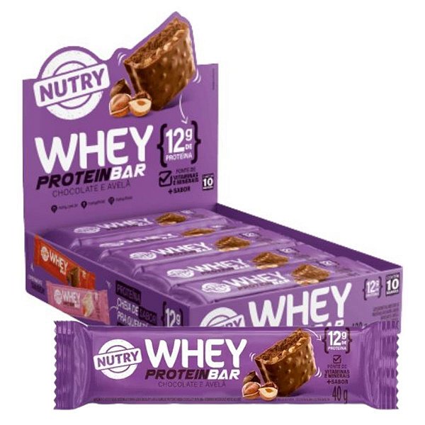 Barra de Proteina Whey Chocolate e Avelã Nutry com 10 unidades