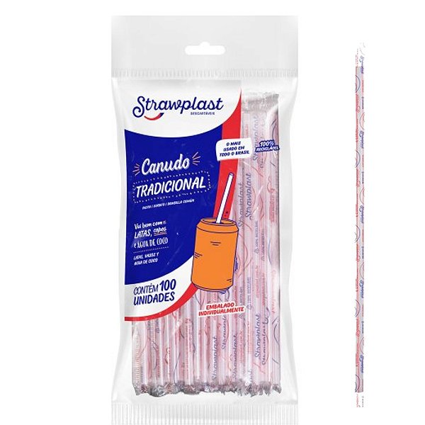 Canudo Sache Listrado Vermelho Tradicional 5mm com 100un  Strawplast