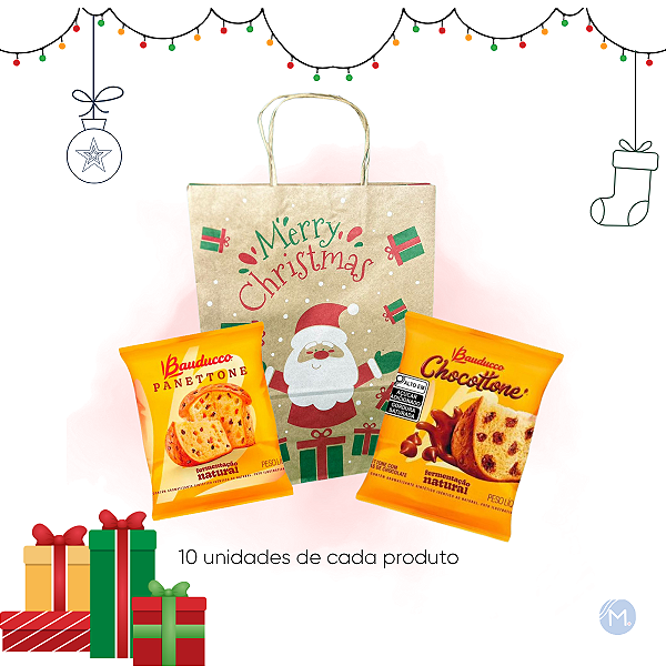 Kit 10 presentes de Natal de Sacola + Panetone + Chocotone