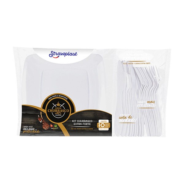 Kit Churrasco Premium 10 Pratos Garfos e Facas Branco Strawplast