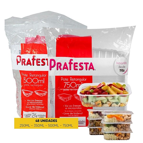 Kit 48 unidades Pote retangular marmita fit descartável plástico microondas freezer PraFesta