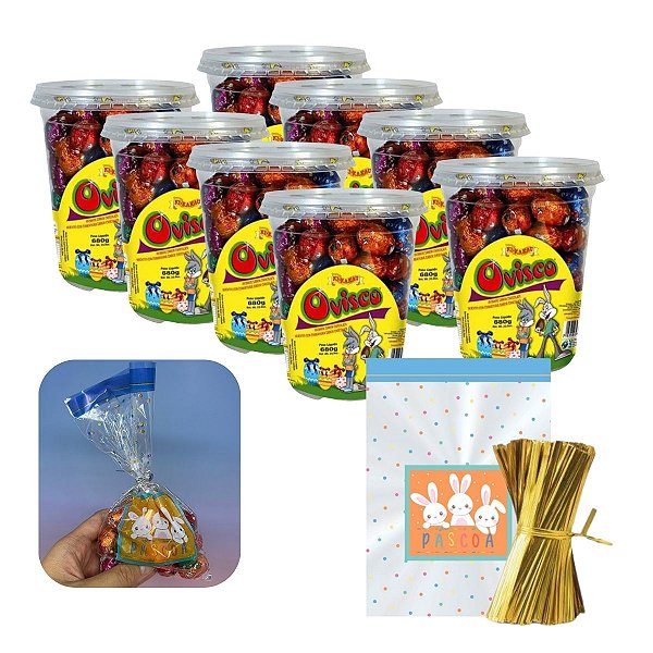 Kit Ovinhos de Páscoa com Saco decorado e fecho Rende 50 pacotes