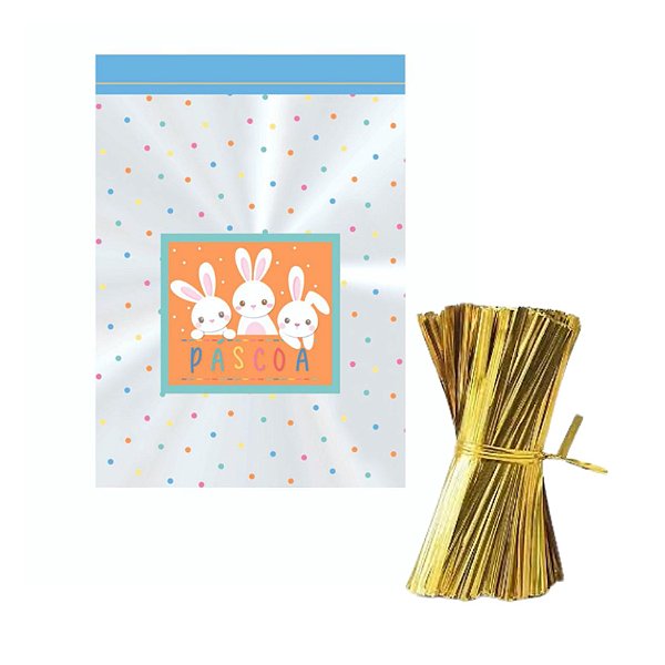 Kit 100 Sacos Celofane Decorado Pásco 11x19,5 + Fecho Dourado para Fechamento