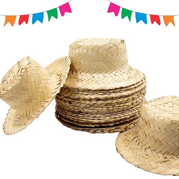 Kit com 12 Chapéu de Palha para Decoração Tamanho P 14,5 cm Ideal para Festa Junina e Arraiá