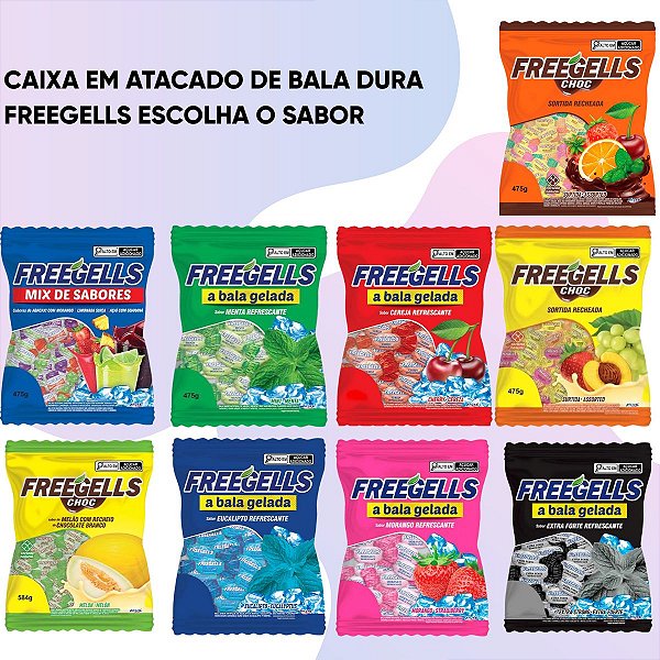 Caixa Atacado Bala Dura Freegells 12 Pacotes De 475g Escolha o Sabor