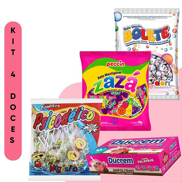 Kit 4 Doces Ducrem Bala Frutas Zaza Bala Bolete Pirulito Miguelito