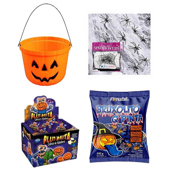 Kit Halloween Balde Cabeça de Abóbora + Teia com Pirulitos e Chicletes
