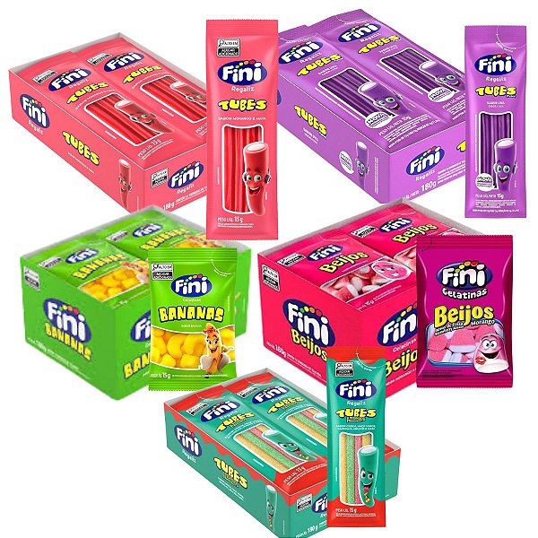 Kit 60 Pacotinhos Fini 15g Tubes Azedinho Morango Uva Banana Twister