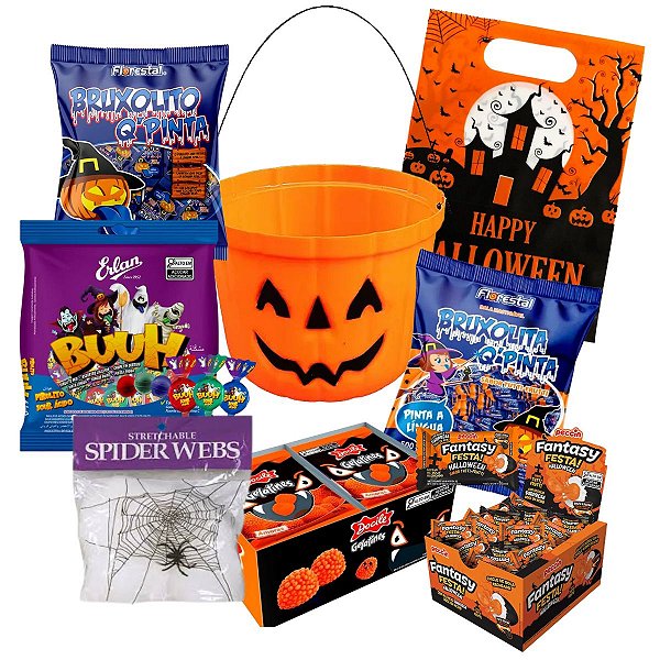Kit Doces Halloween Balas Pirulitos Acompanha Caldeirão Doces ou Travessuras