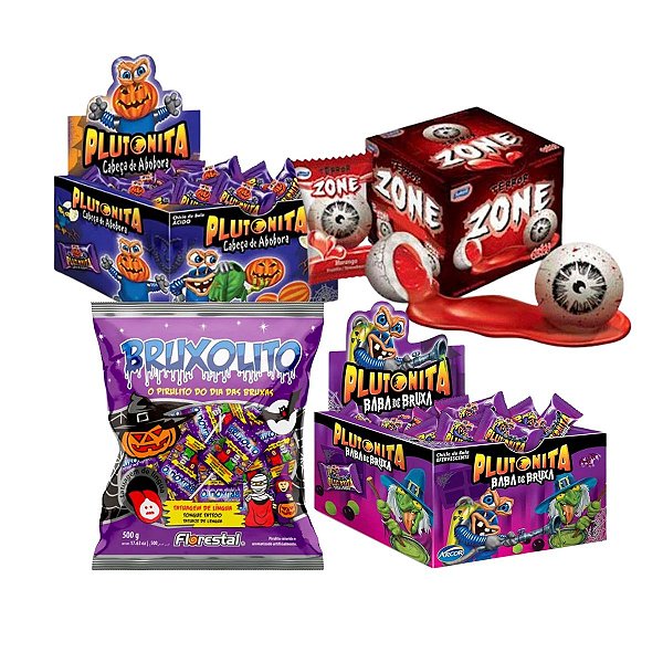 Kit Doces de Halloween 4 Doces Chiclete e Pirulito