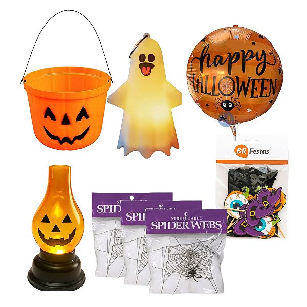 Kit de Decoração Halloween Balde Teia de Aranha Vela