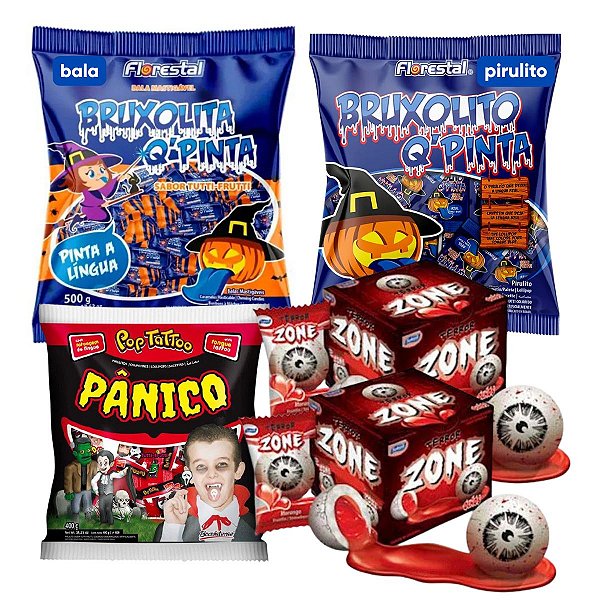 Kit Halloween 5 Doces Balas Pirulitos e Chicletes