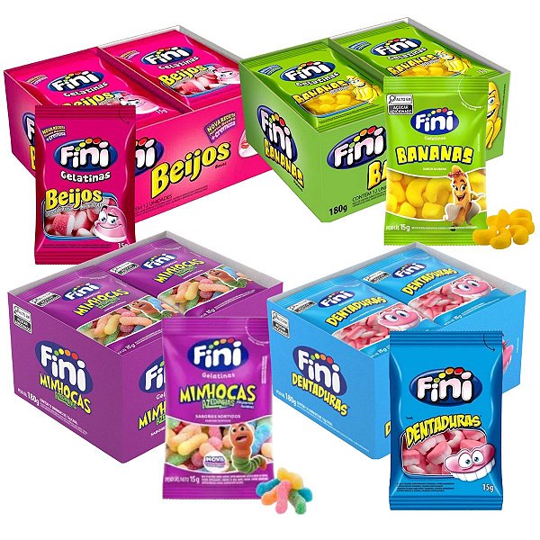 Kit 48 Pacotinhos Fini 15g Balas de Gelatina  Banana Beijos Minhoca Dentadura