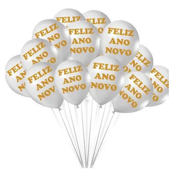 Balão Bexiga Estampado Feliz Ano Novo Brando e Dourado nº 9 Natal Joy