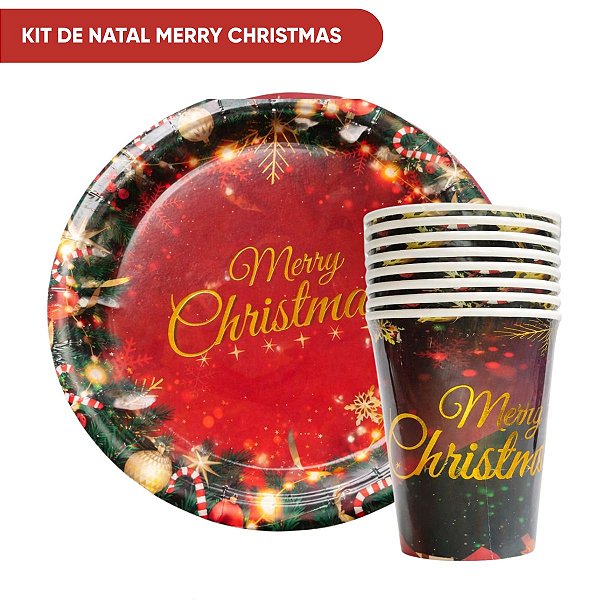 Kit Copo e prato De Papel Descartável Merry Christmas 8 un cada