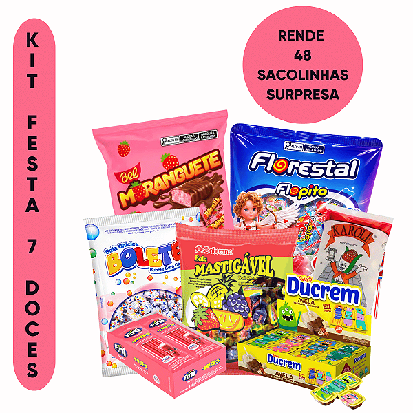 Kit Aniversário Infantil 7 Doces Guloseimas Sacolinhas Surpresa Rende 48 Sacolinhas