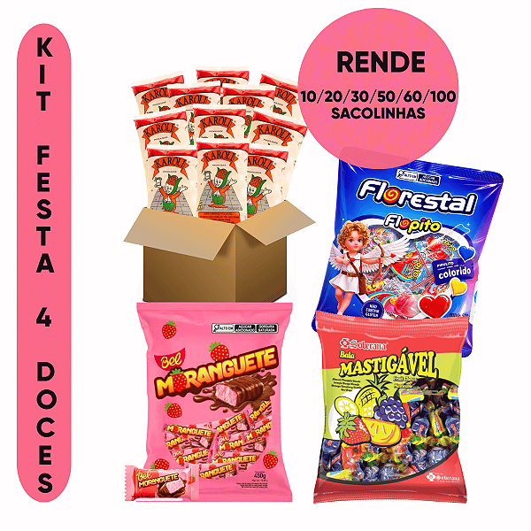 Kit 4 Guloseimas Rende 10/20/30/50/60/100 Sacolinhas Lembrancinhas Aniversário Infantil Pipoquinha Bala Pirulito Chiclet