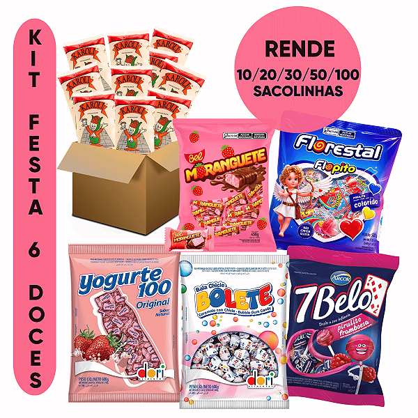 Kit Aniversário 6 Doces Sacolinhas Surpresa Rende 10/20/30/50/100 sacolinhas