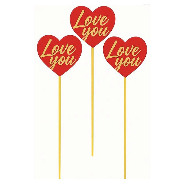 Kit 6 Palitos Decorativos Coração Love You BR Festas
