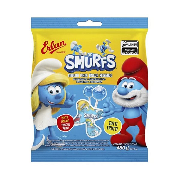 Pirulito Recheado Pinta a Língua Tutti-Frutti Smurfs 480g Erlan