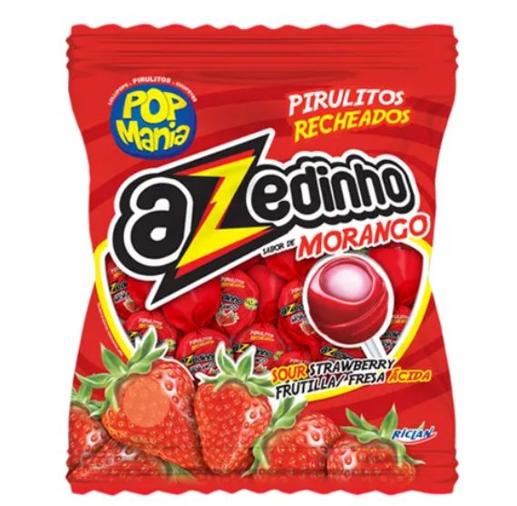 Pirulito Pop Mania Azedinho Morango Recheio Mastigável 600g com 50 unidades - Riclan